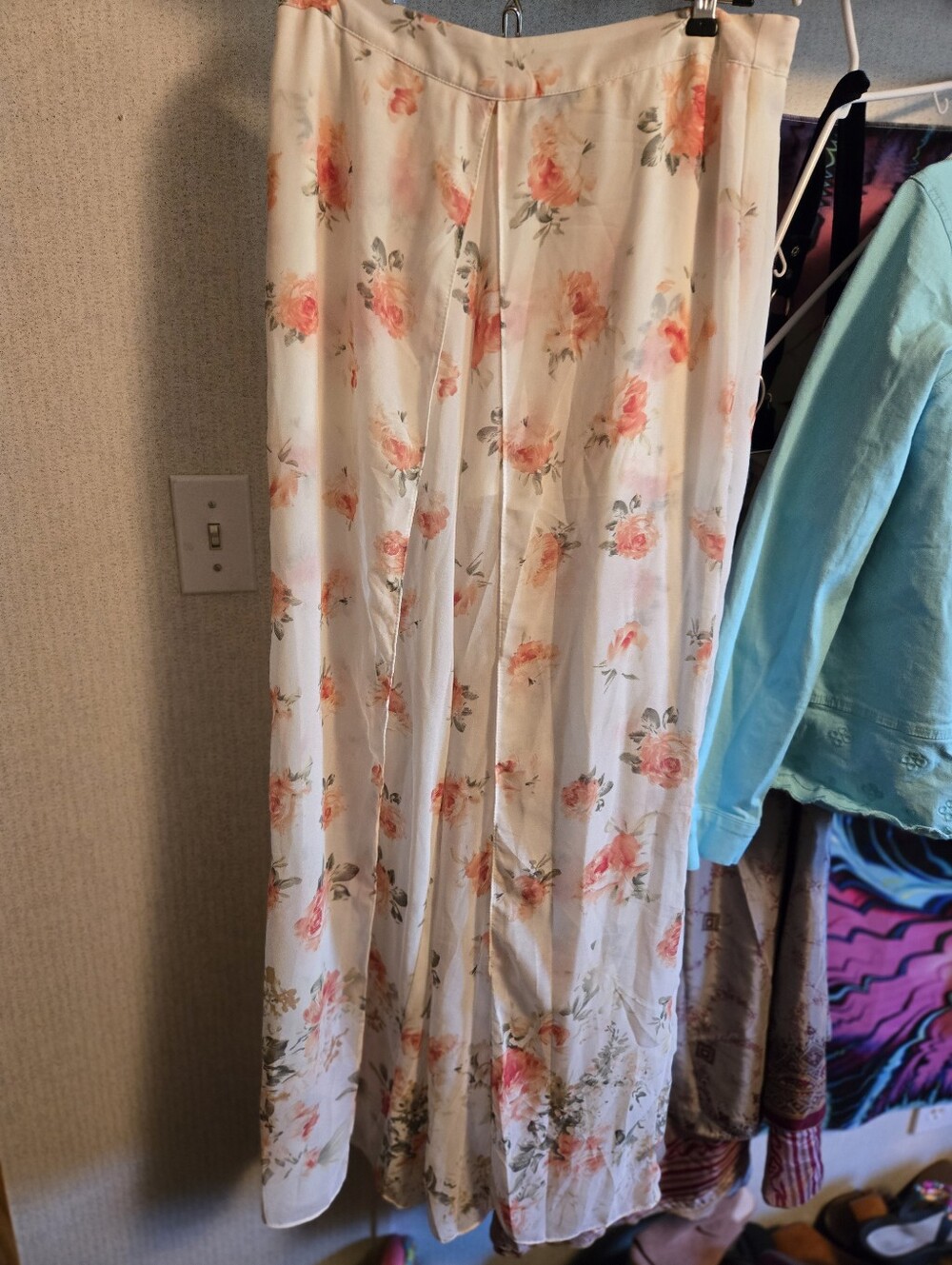 Cream Floral Maxi Pant with Coral Rose Print